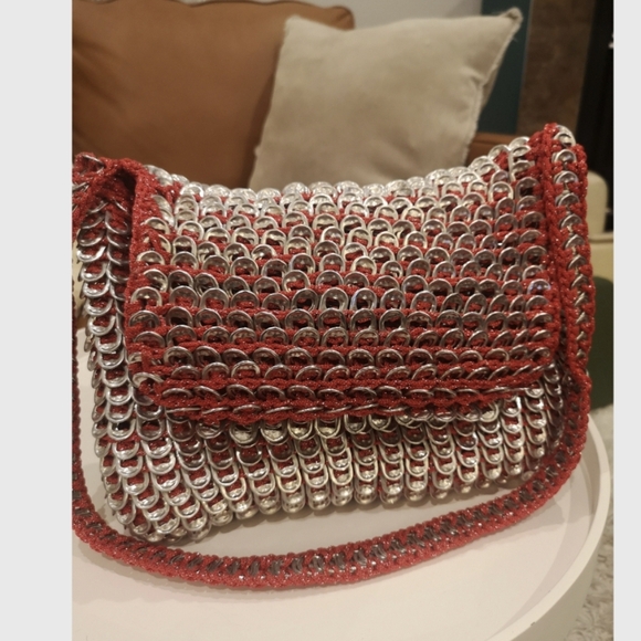 Rare vintage aluminum pop can tab crocheted purse large size capacity Silver/Red - Picture 8 of 17